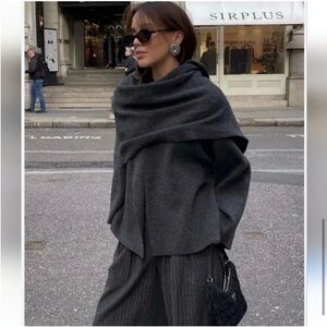 ZARA SHAWL COLLAR KNIT CAPE WITH ASYMMETRICAL SCARF - WOOL JACKET - SHORT COAT